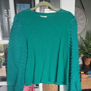 Maeve Anthropologie Green Long Sleeve Top with Textured Sleeves